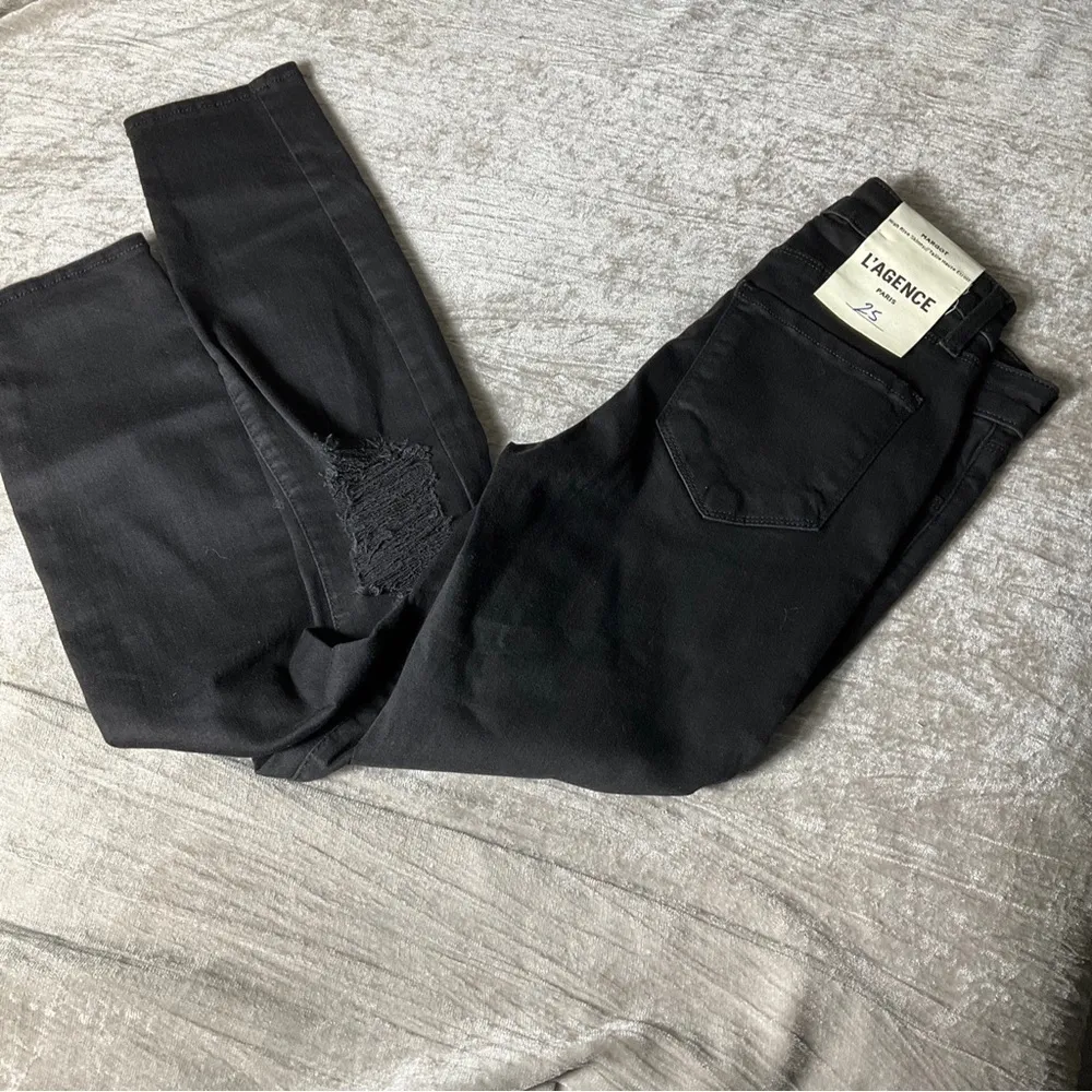 L'AGENCE NWT High Rise Jeans 24 Margot Destruct Skinny Zinc Black Ripped Knees - Image 10