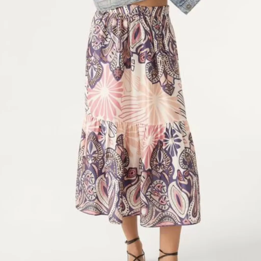 BASH BA&SH Janel Pink Purple Boho Print Lightweight Pleated Satin Midi Skirt - Image 12