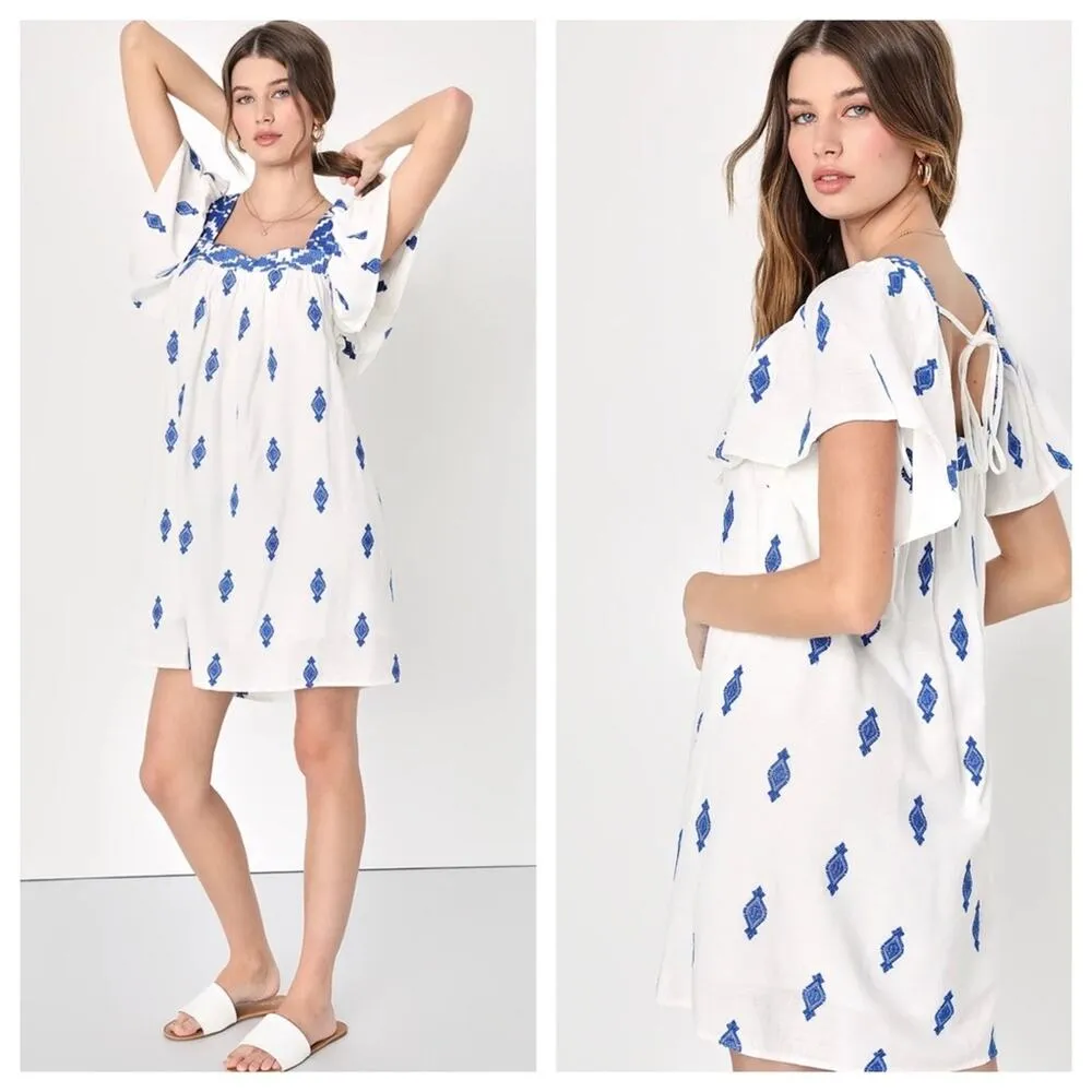 NEW Lulus Mykonos Moment White & Blue Embroidered Shift Dress Linen Blend XL - Image 3