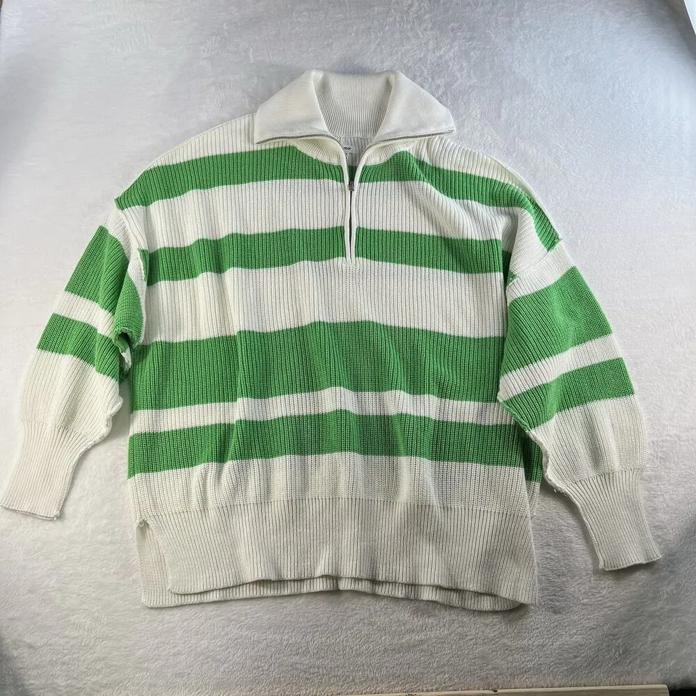 Aerie L Large Oversized Beyond Quarter Zip Sweater Knit Polo Green Stripe Womens - Image 4