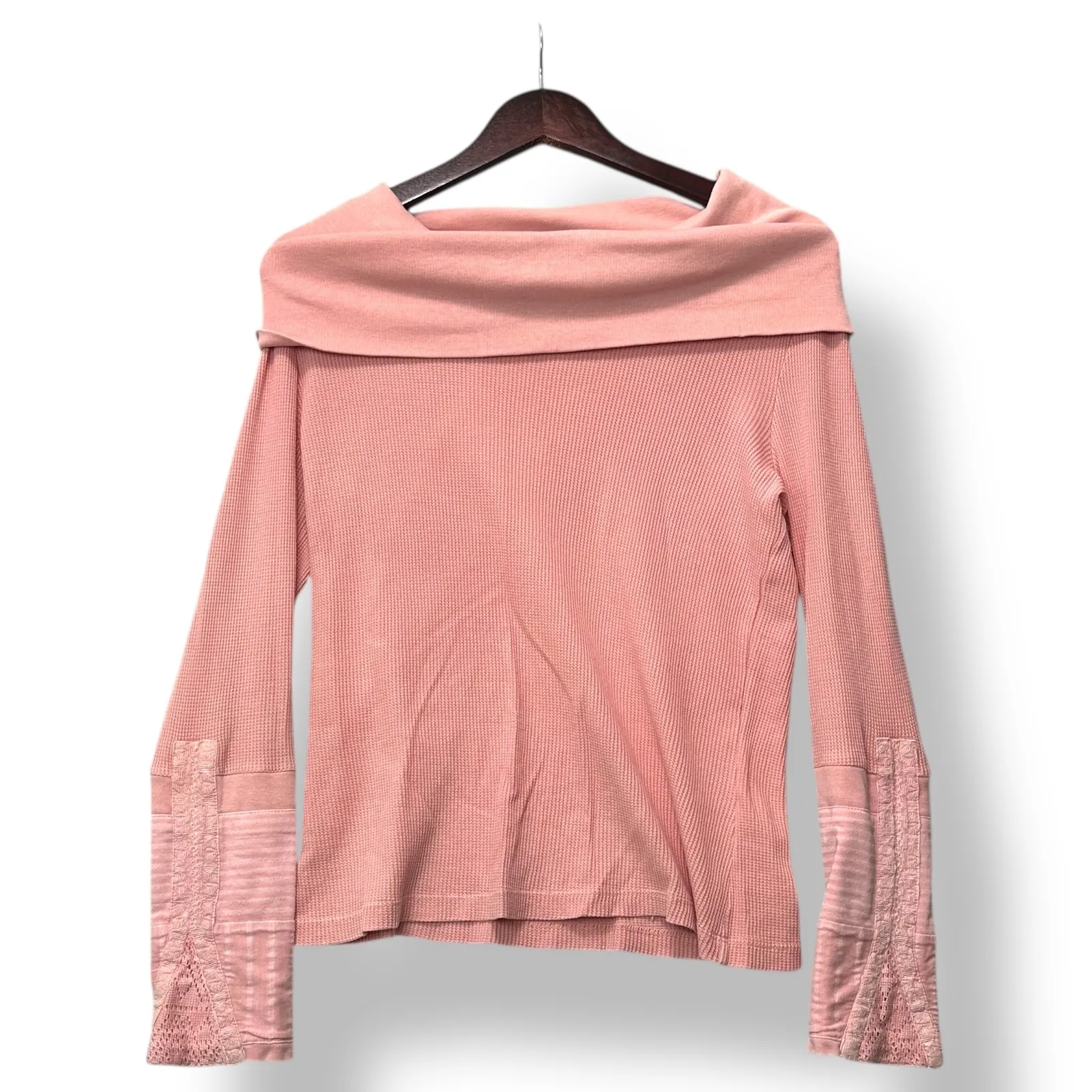 Sundance Women Pink Waffle Knit Off Shoulder Lace Sleeve Thermal Top S Boho Cozy - Image 2