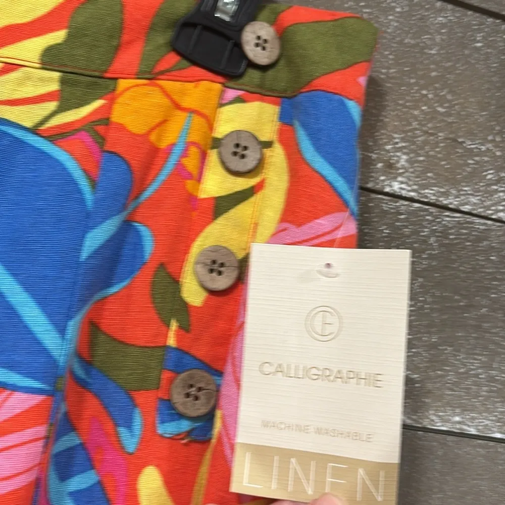 Calligraphie Tropical Linen wide leg crop Hawaiian beach summer pant size Medium Blue - Image 2