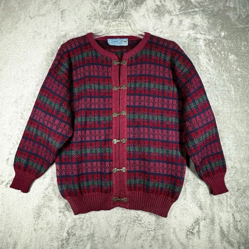 British Wool Sweater Women Large Red Plaid Nordic Cardigan Boho Bohemian Vintage - Image 2
