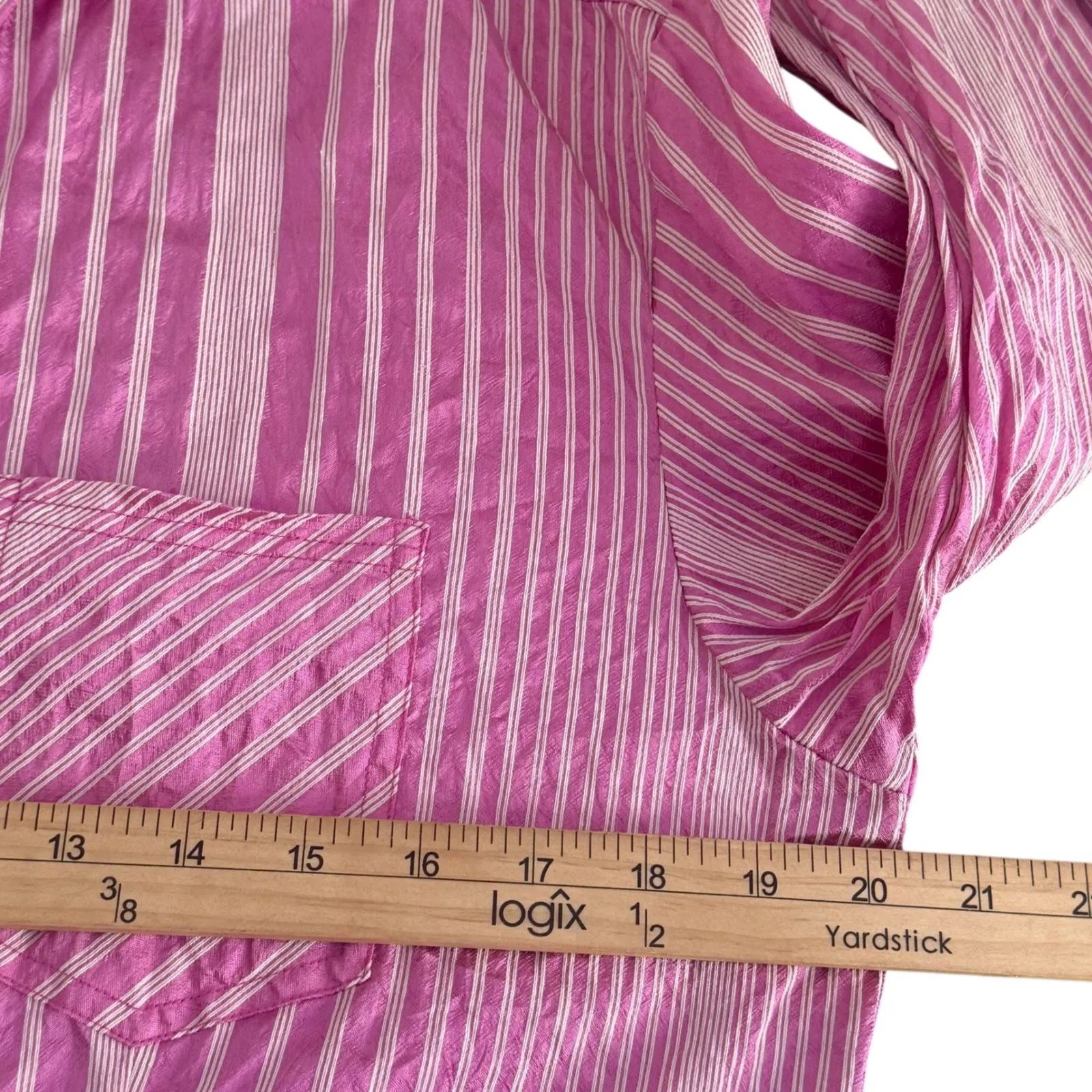 Chicos 1 Pink White Striped Button Down Top Size M Silk Blend Preppy Collared - Image 11