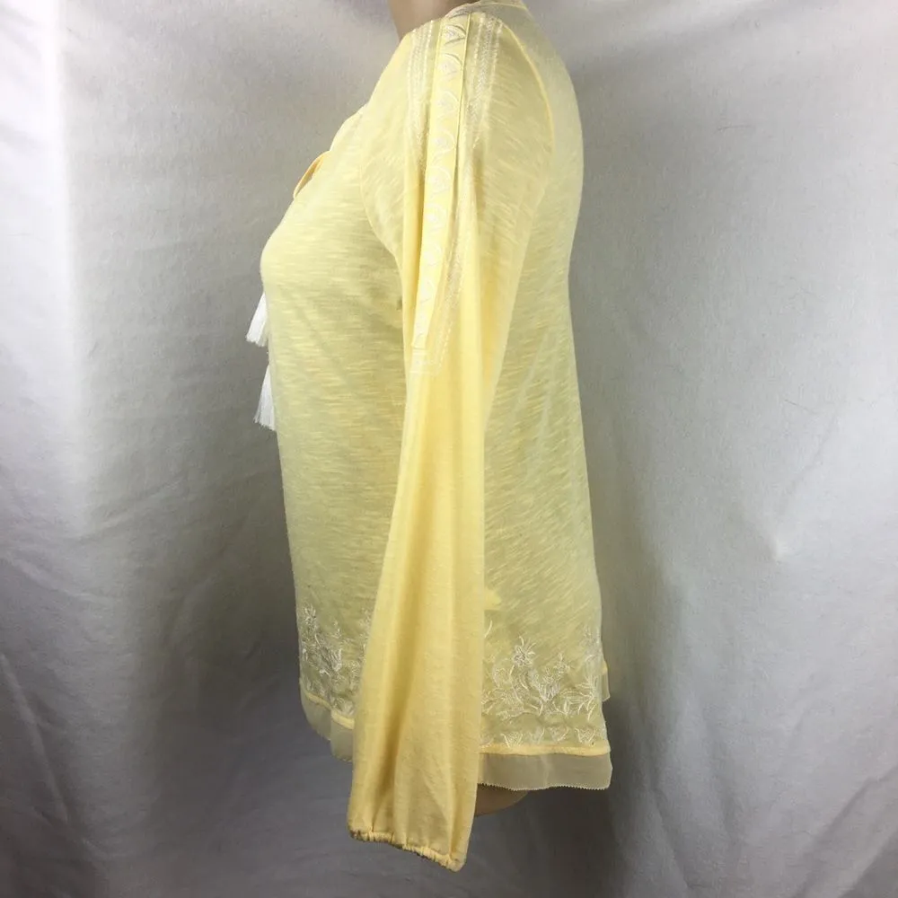 Yellow Cotton Long Sleeve Embroidered Boho Peasant Top S - Image 4
