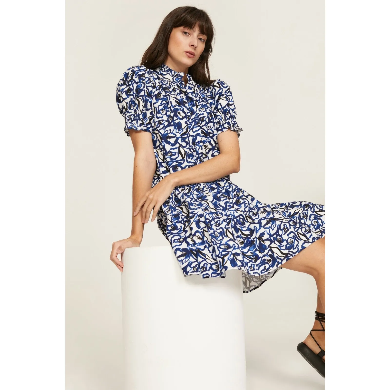 Apiece Apart Las Alturas Blue White Floral Print Puff Sleeve A-Line Mini Dress S - Image 4