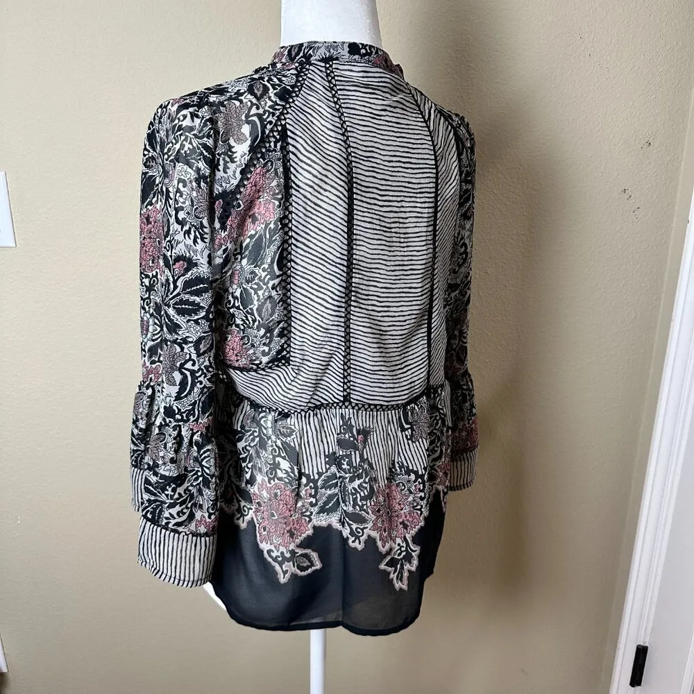 LUCKY BRAND Sheer V Neck Stripe & Floral Blouse Top Trumpet Sleeve - size Medium - Image 6