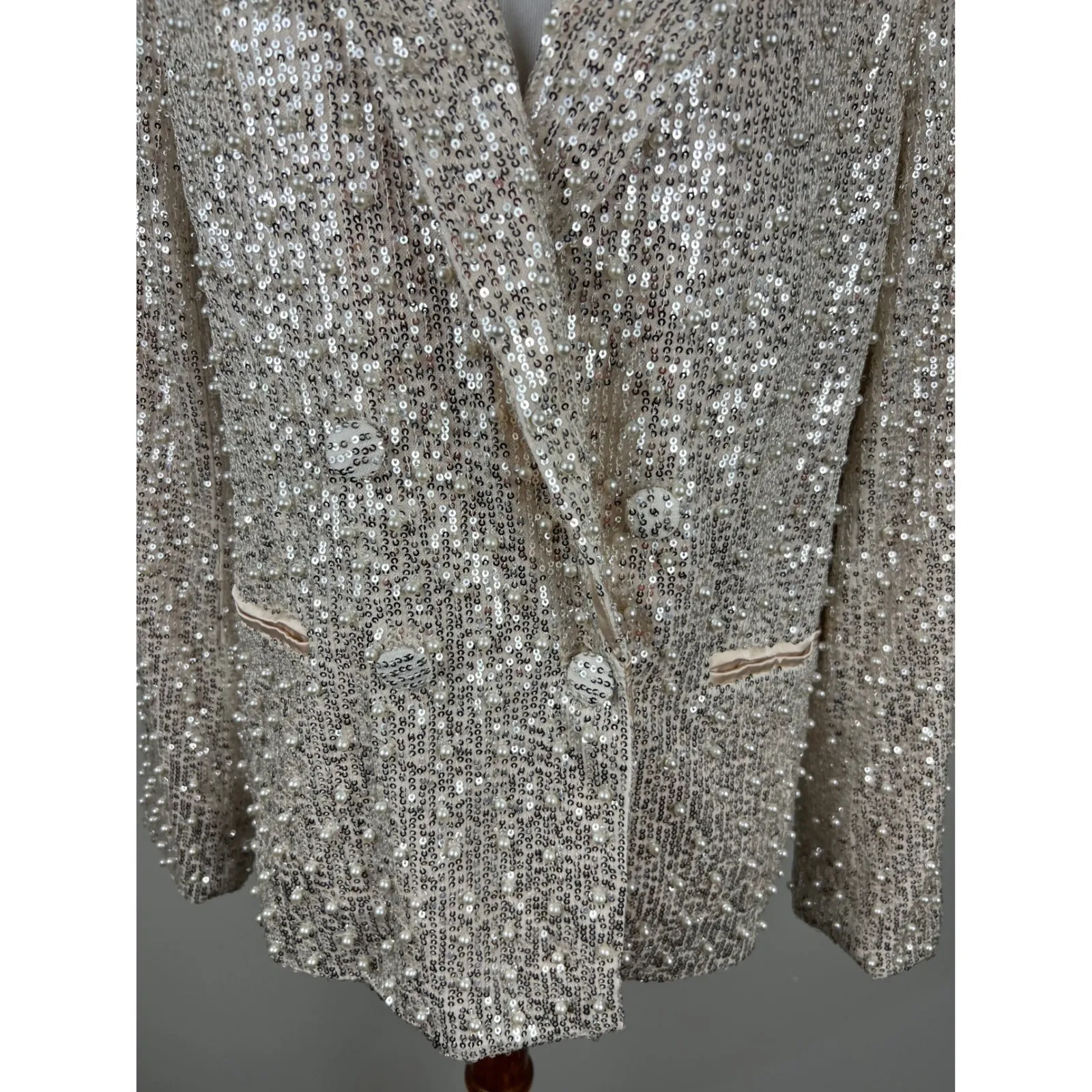 MABLE Sparkly Embellished Pearl Sequin Double Breasted Blazer Jacket Size M White Size M - Image 15