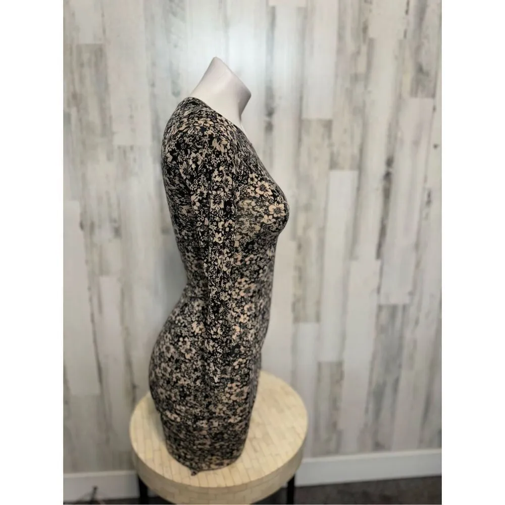 Forever 21 Floral Mesh Long Sleeve Bodycon Mini Dress Black Beige Women’s Small - Image 2