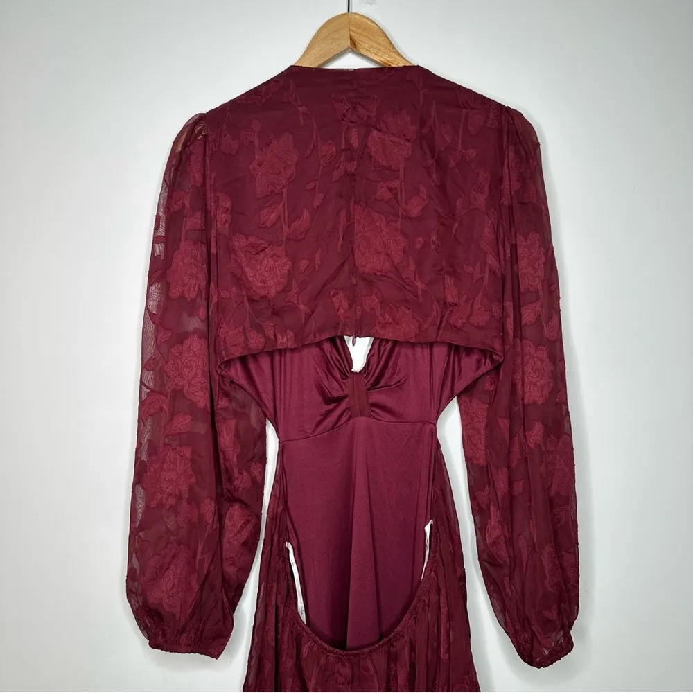 Lulus Desired Aesthetic Wine Red Floral Burnout Long Sleeve Midi Dress Size L - Image 9