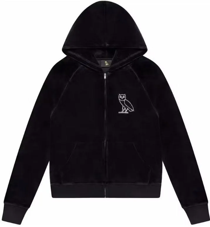 OVO Women’s Velour Crystal Owl Zip Up Hoodie October's Very Own Drake size small Black - Image 1