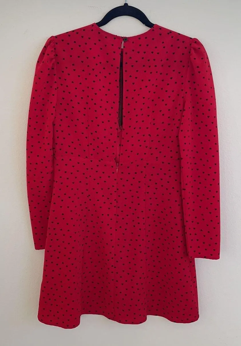 Red Black heart printed flared crepe long sleeeve mini dress 4 - Image 5