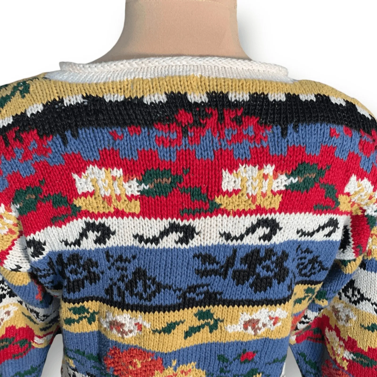 Vintage 90s Forenza Floral Stripe Knit Sweater Blue Red Oatmeal Small Eclectic - Image 5