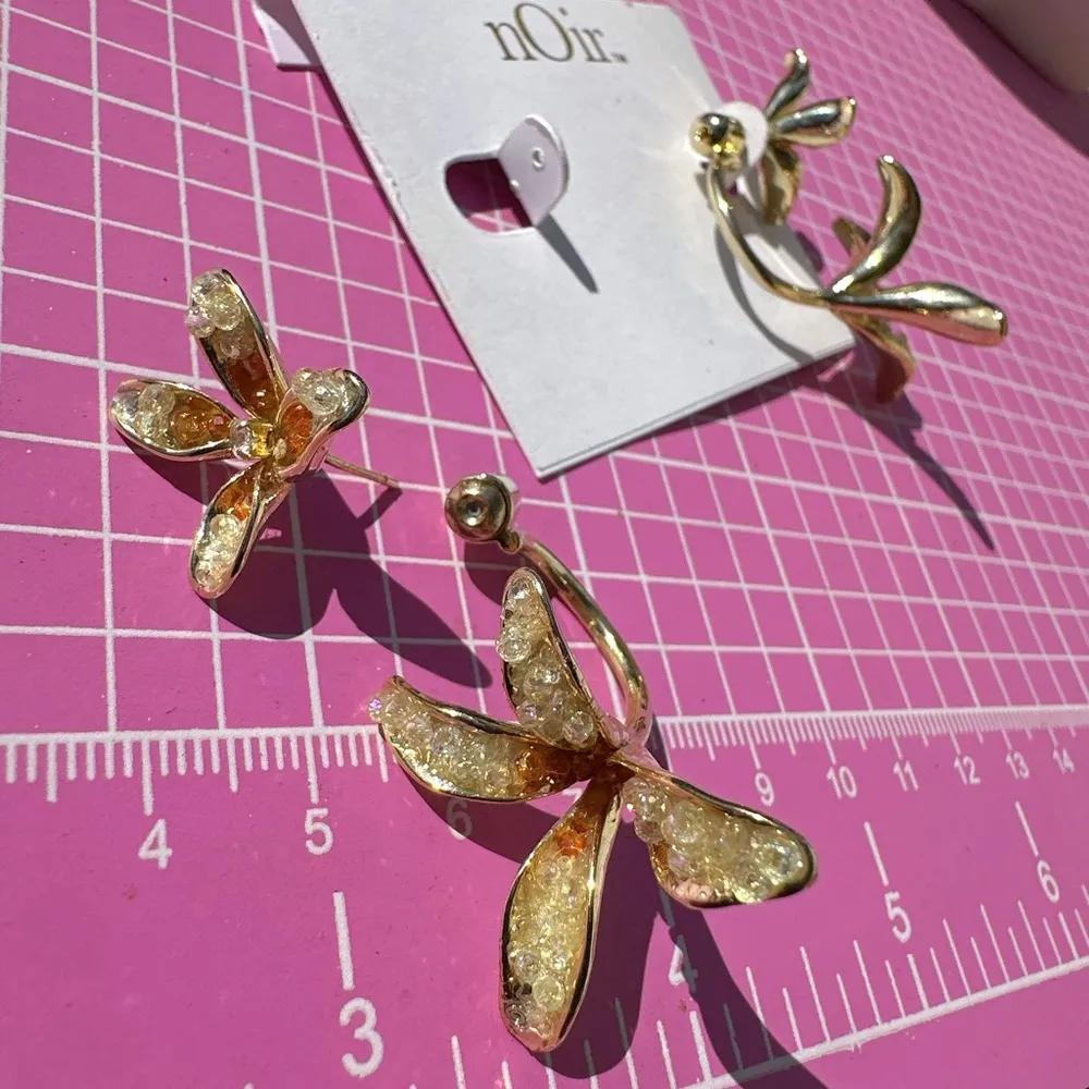 Noir earrings 2pc lock back gold tone orange yellow beads flowers adjustable - Image 2