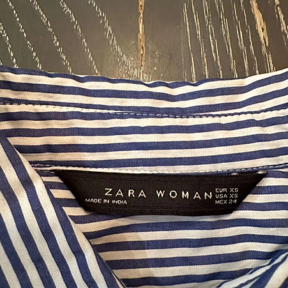 Zara Women's XS Blue Striped Embroidered Poplin Button-Up Long Sleeve Shirt - Image 5
