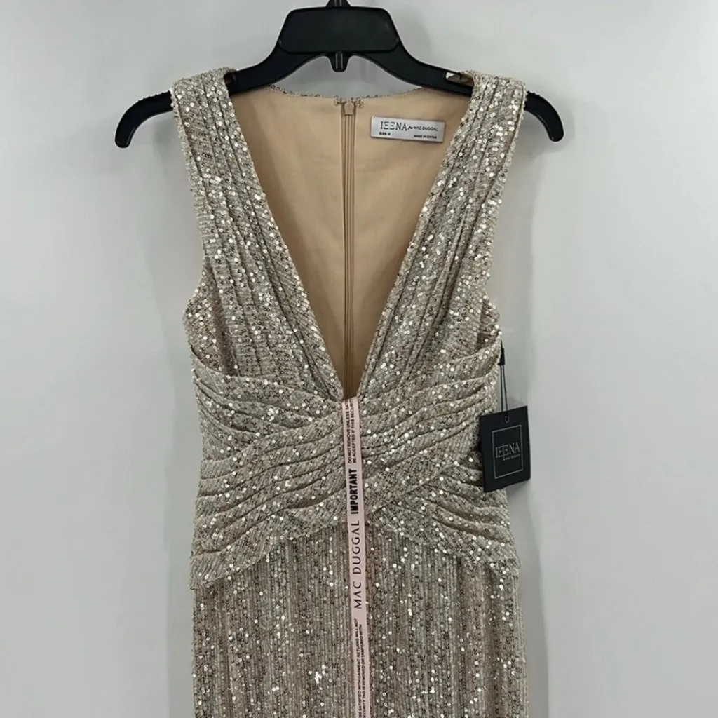 NWT Mac Duggal 26598 Nude Silver Sequin Wrap Waist Gown V Neck Slit Size 6 - Image 12