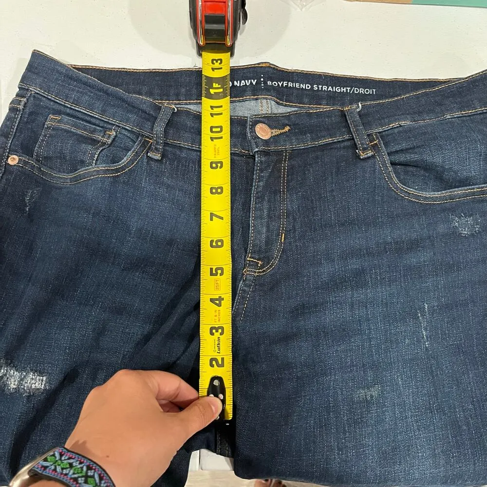 Old Navy Dark Wash Boyfriend Straight Jeans Distressed Womens 12 TALL - Image 7