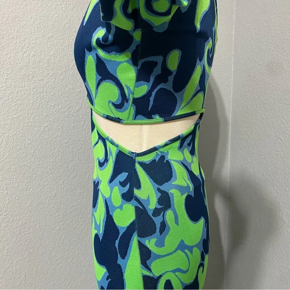 ZARA Green Asymmetric Jacquard V-Neck Dress Size M Spaghetti Strap One Sleeve - Image 12