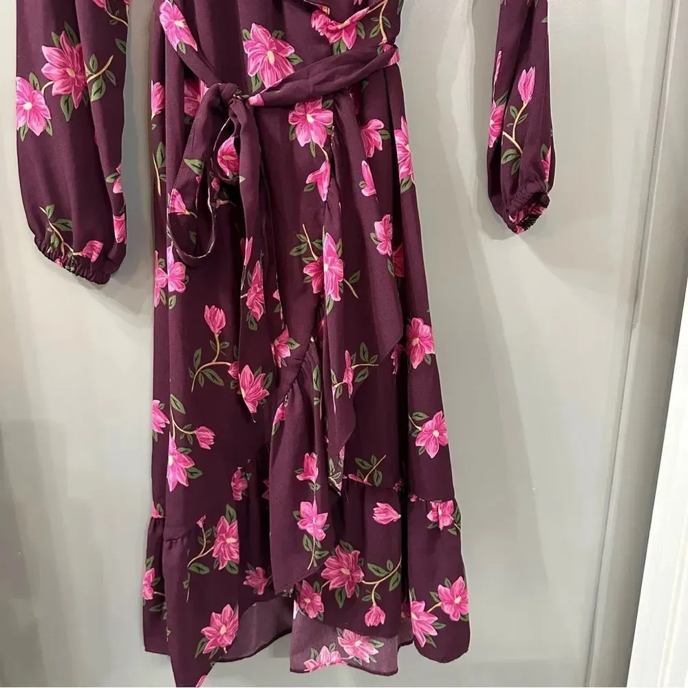Draper James RSVP Plum Multicolor Floral Ruffle Wrap Lined Dress Size XS - Image 4