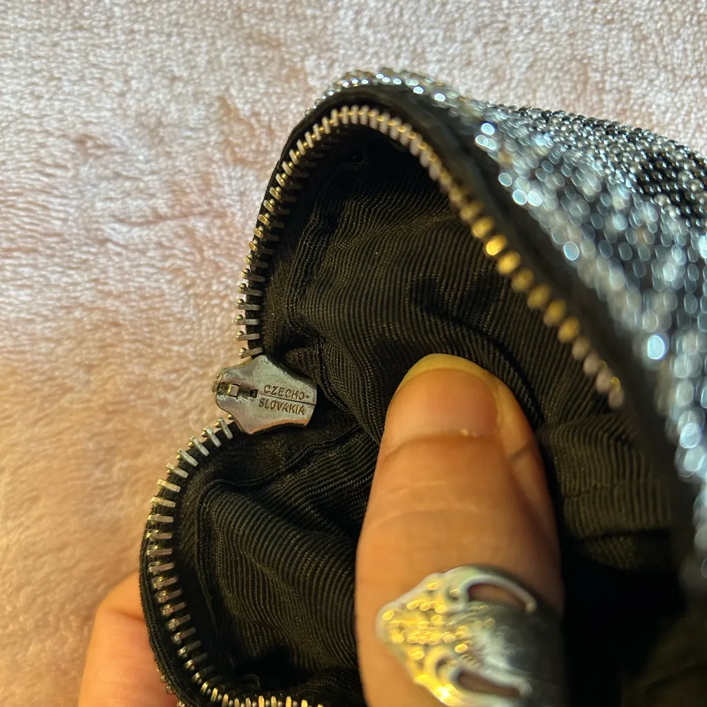 Vintage Art Deco beaded evening clutch coin purse floral sequins Black - Image 4