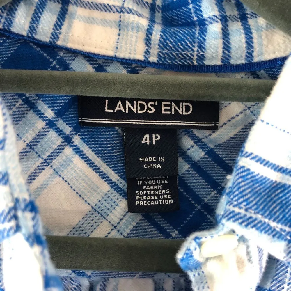 Lands End Womens Flannel Shirt 100% Cotton Plaid Button Down Blue White 4P - Image 3
