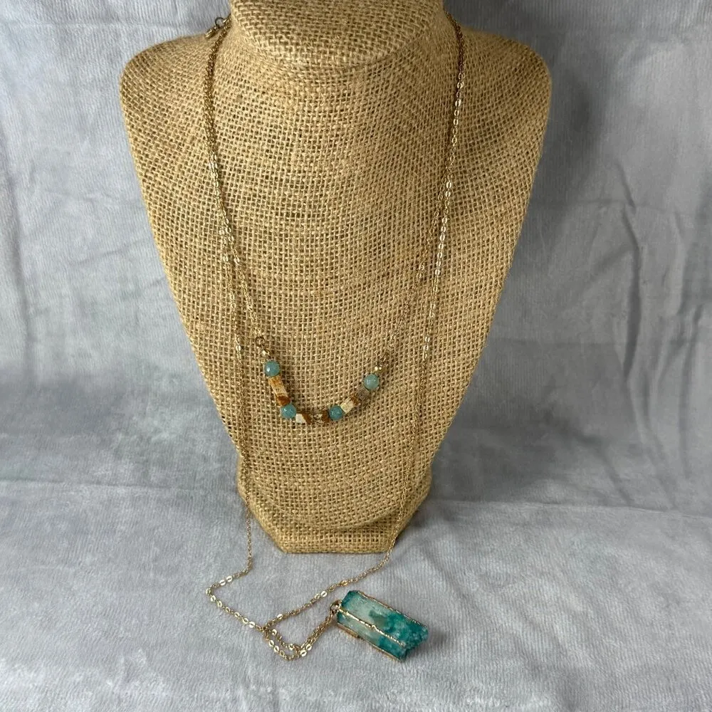 Layered Turquoise Brown Colors Stone Beaded Necklace Gold Tone Chain and Pendant - Image 2