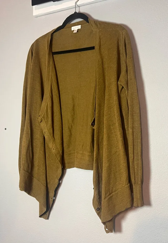 Garnet Hill Easy Linen Drape Front Cardigan Green Button Oversized Lagenlook M - Image 1