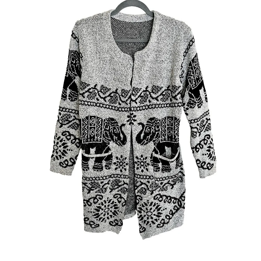 Elephant Cardigan ‎Pattern Sweater Size S Gray Knit Folklore Hippie Boho - Image 2