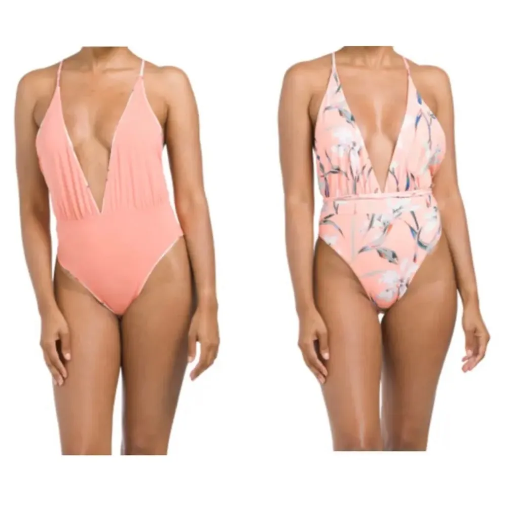 NWT Maaji Reversible Plunge One Piece Swimsuit Women Coral Floral Print Small - Image 2