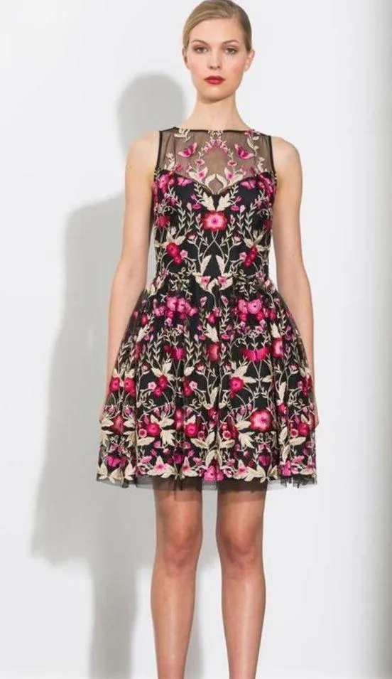 SHOSHANNA MIDNIGHT Black Pink Bayard Embellished Floral Mesh Mini Dress Size 8 - Image 3