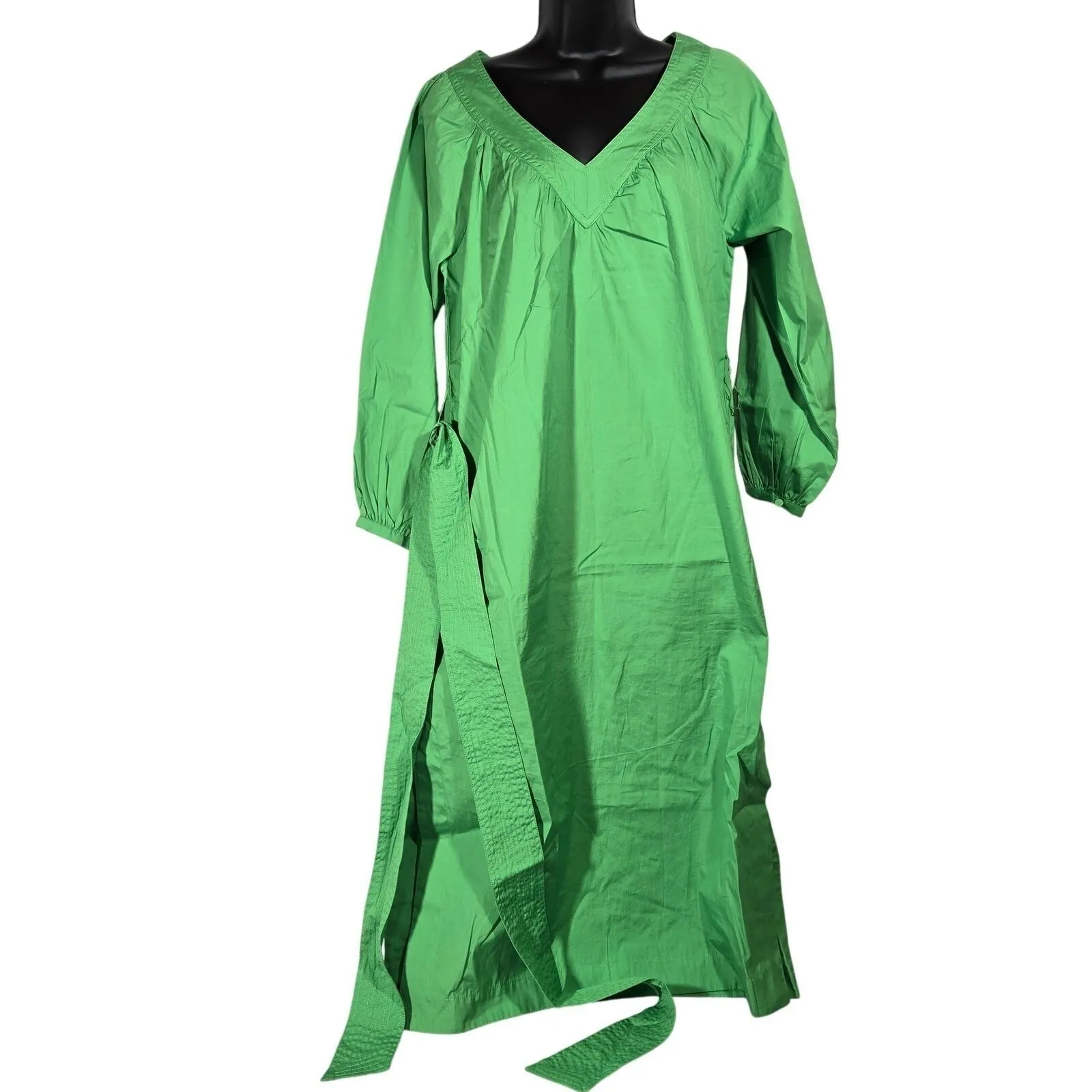 J. Crew Green Cotton Maxi Dress Belted V Neck Long Sleeve XXS Cotton‎ Poplin NWT - Image 4