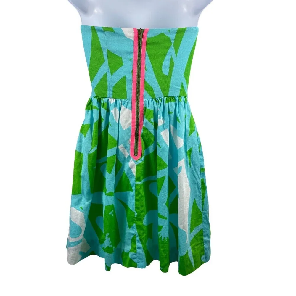 Lilly Pulitzer Lottie Green Bean All Lit Up Print Fit Flare Strapless Dress  00 - Image 2