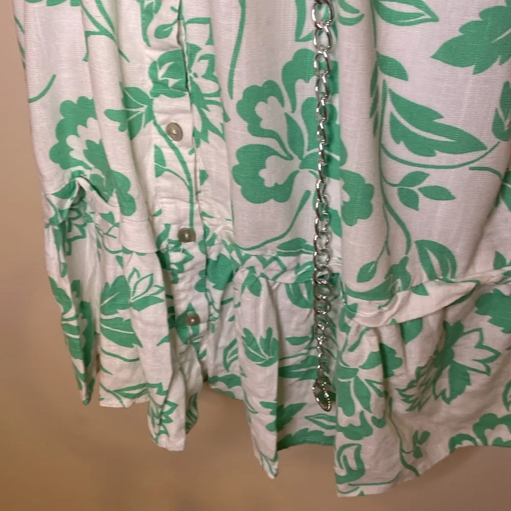 Kelly Floral Green Linen Puff Sleeve Shirt Dress S - Image 3