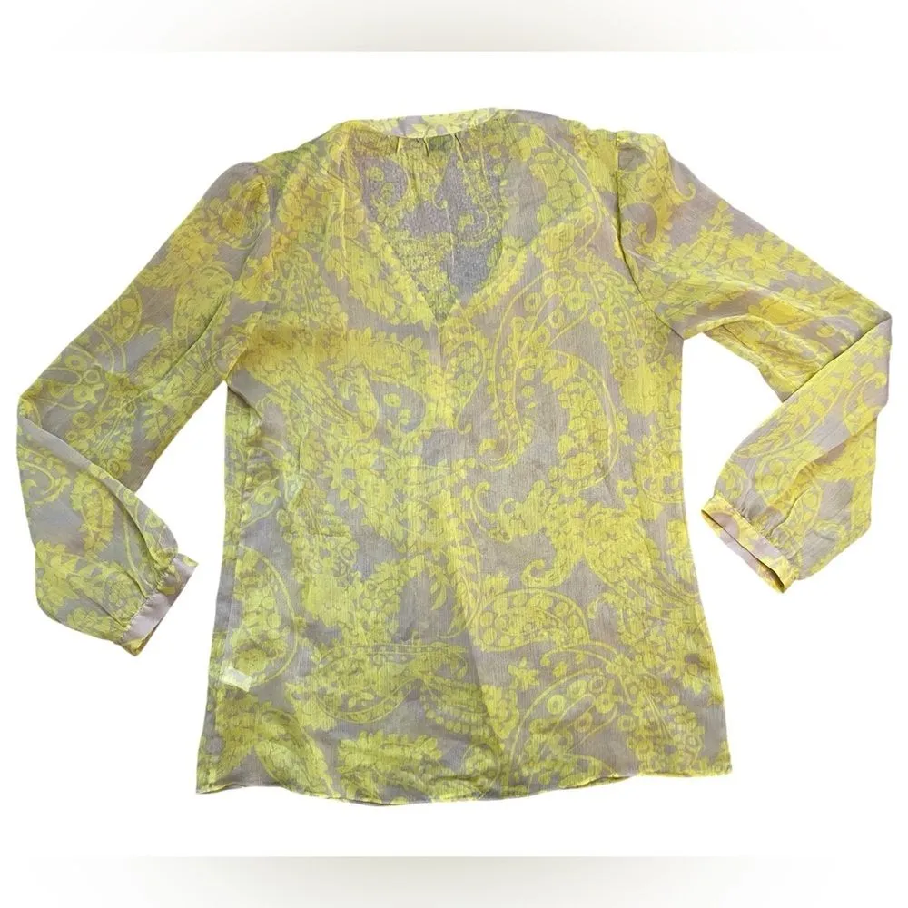 Banana Republic Tan and Yellow Floral Paisley Sheer V-Neck Blouse - Image 2