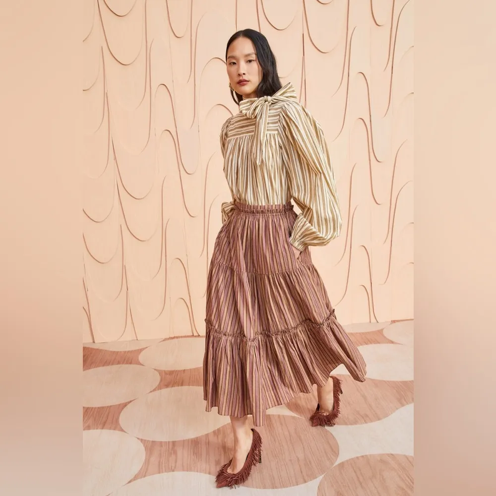 Ulla Johnson Severine Skirt Mulberry Striped Tiered Midi Skirt‎ Size 4 Small - Image 2