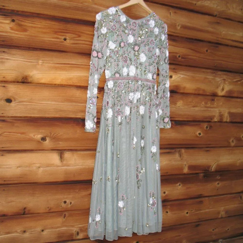 MAC DUGGAL 5716 Green Sequined Floral Long Sleeve High Neck Midi Dress - Image 7