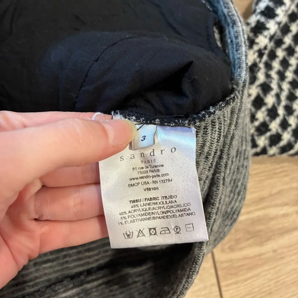 Sandro Paris Houndstooth Black White Wool Blend Bomber Jacket Size 3/L - Image 2