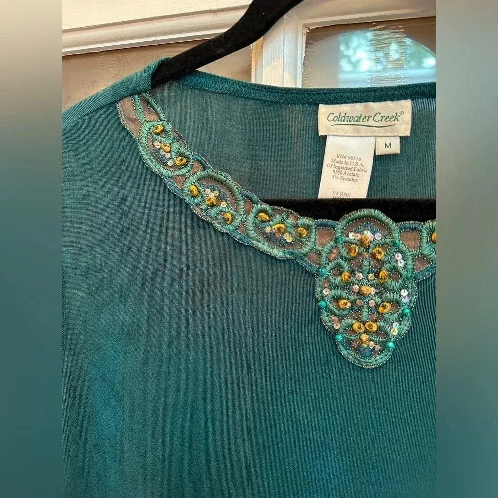 Vintage Coldwater Creek Dark Teal Beaded & Sequin 3/4 Sleeve Blouse Top Size M - Image 3