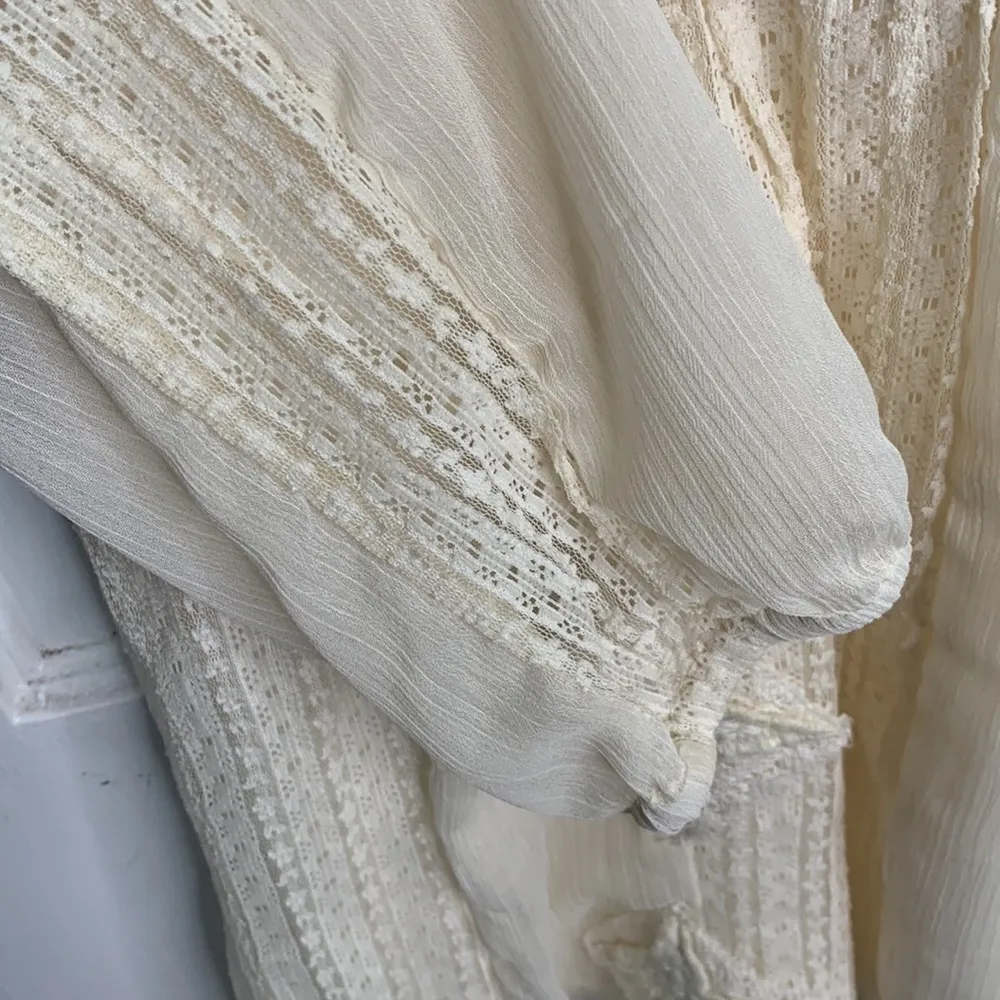 Free People Leigh Ivory Chiffon Lace Bohemian Dress Long Sleeve W-599 Sz S - Image 7