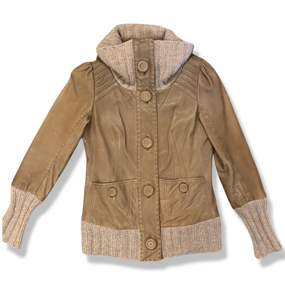 MACKAGE Tan Leather & Knit Sweater Jacket - Image 2