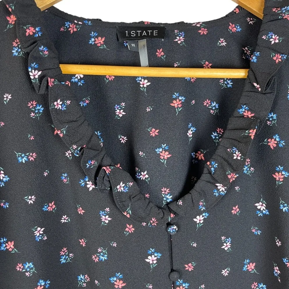 1. STATE Plus Size Ruffle Floral Print Button Front Puff‎ Sleeves Blouse Size 1X - Image 6