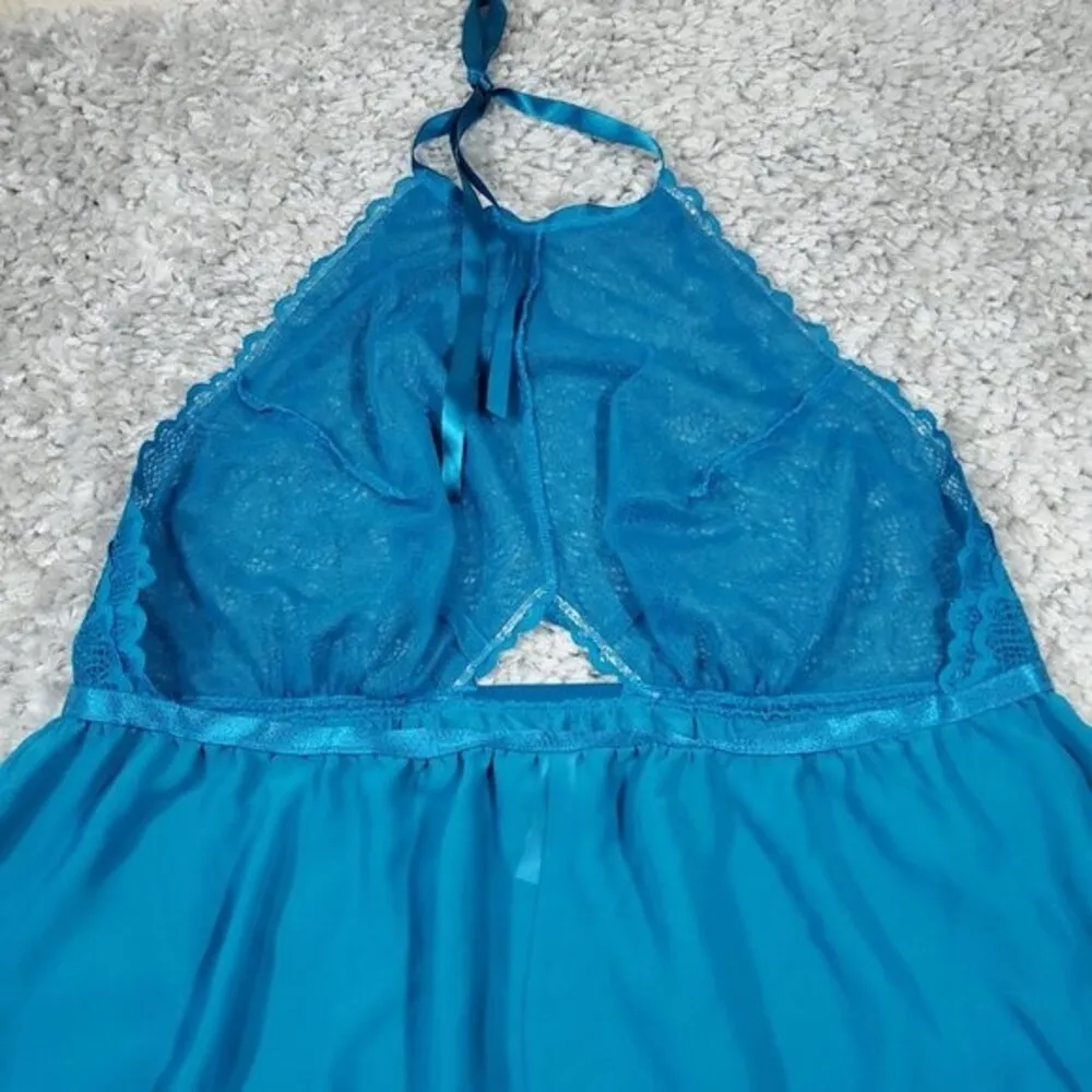 Cacique Halter Babydoll Chemise Slip Teal Blue Nightgown Size 18/20 Sleep Dress - Image 3
