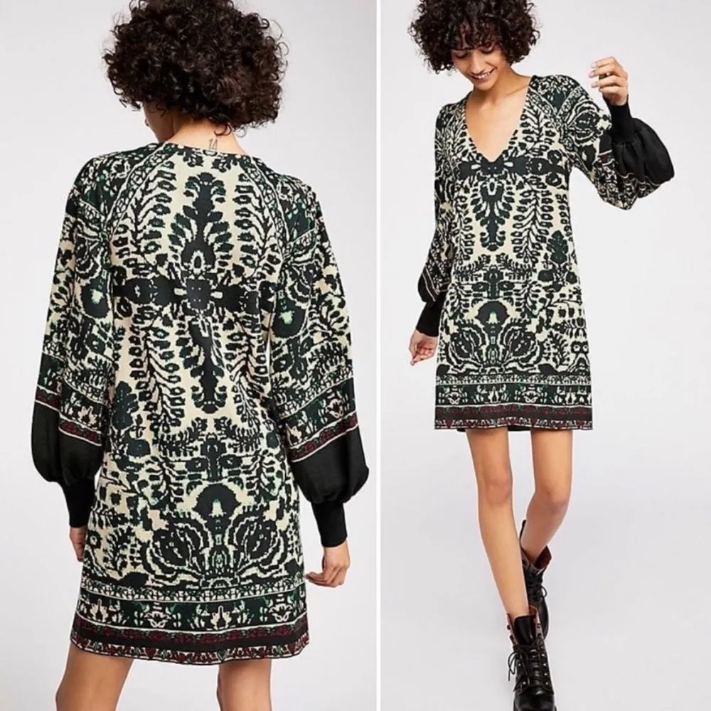 Free People Music & Lyrics Mini Boho Sweater Dress Black Green Combo Size Small - Image 14