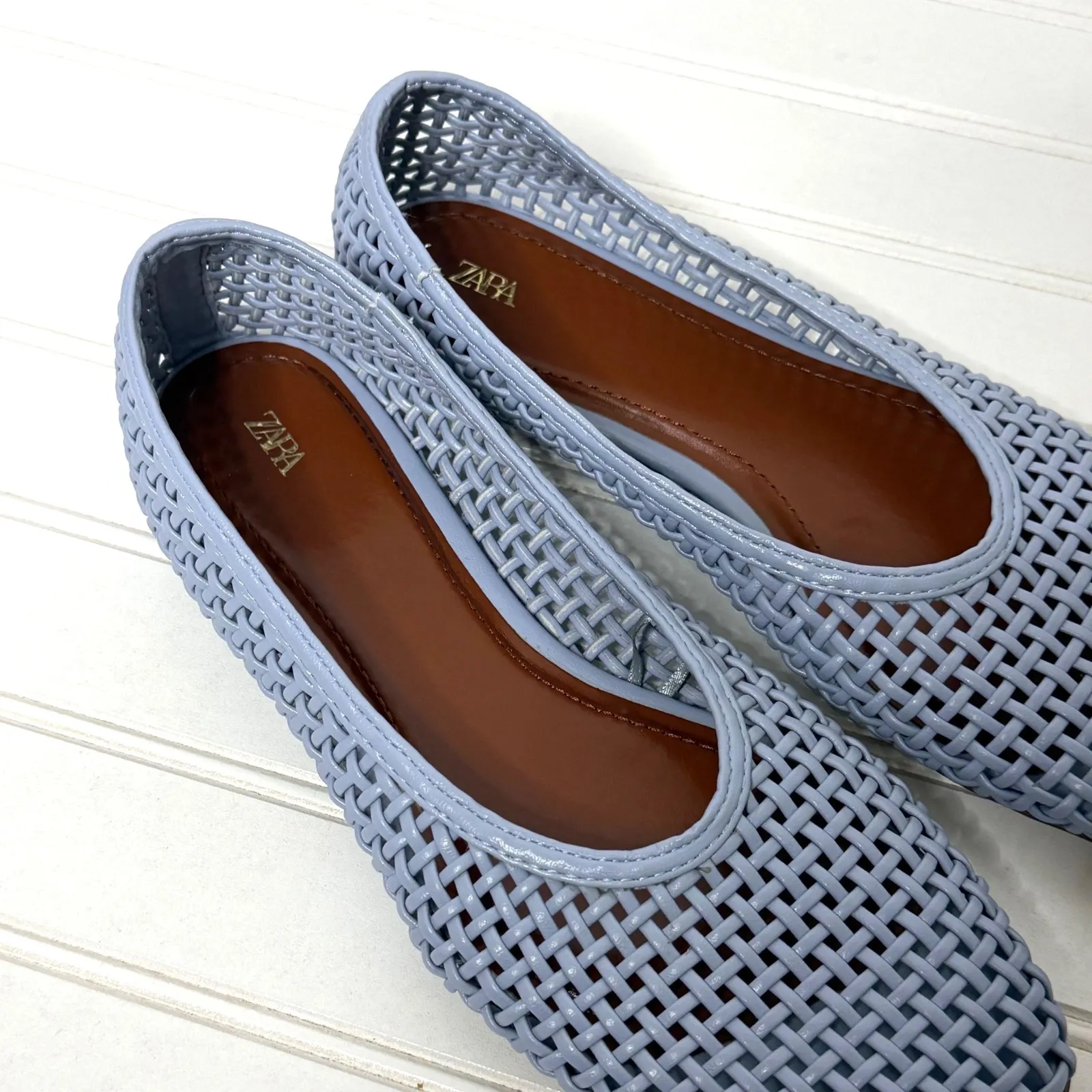 ZARA Women Periwinkle Woven Ballet Flats Perforated Slip On Shoes Size 40 EU - Image 4