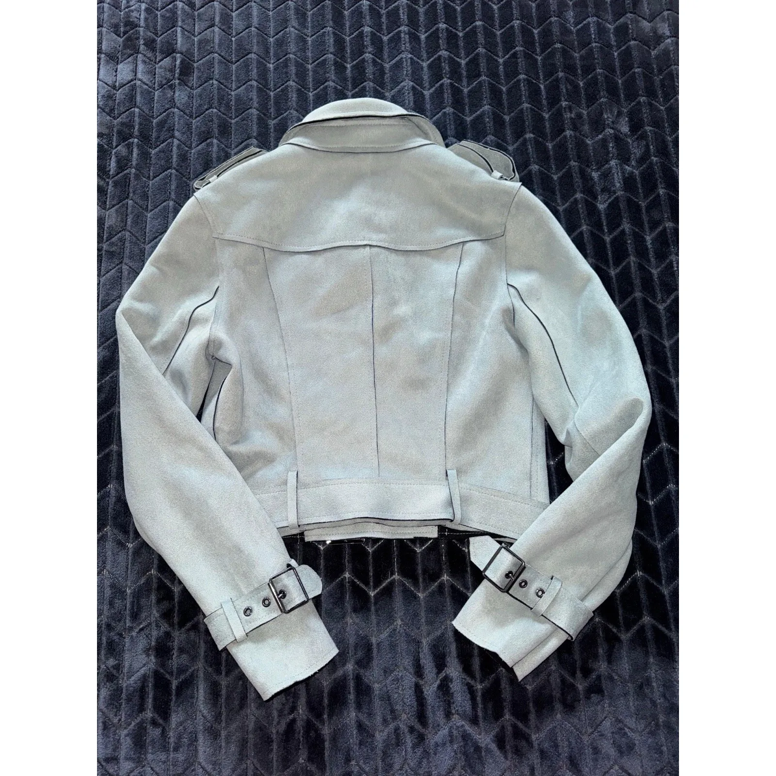 Lulus Women's Edinburgh Slate Blue Suede Cropped Trench Coat Size Small - Image 6