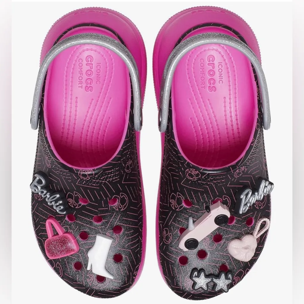 Crocs Barbie Limited Edition Classic Crush Clogs Pink Silver Clogs Charms Size 9 - Image 3