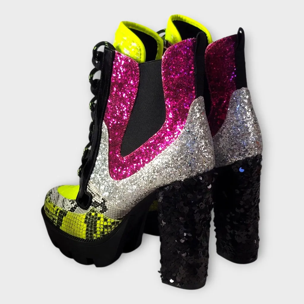 Cape Robbin Nell Glitter Chunky Block High Heel Platform Ankle Lace Up Boots 9M - Image 12