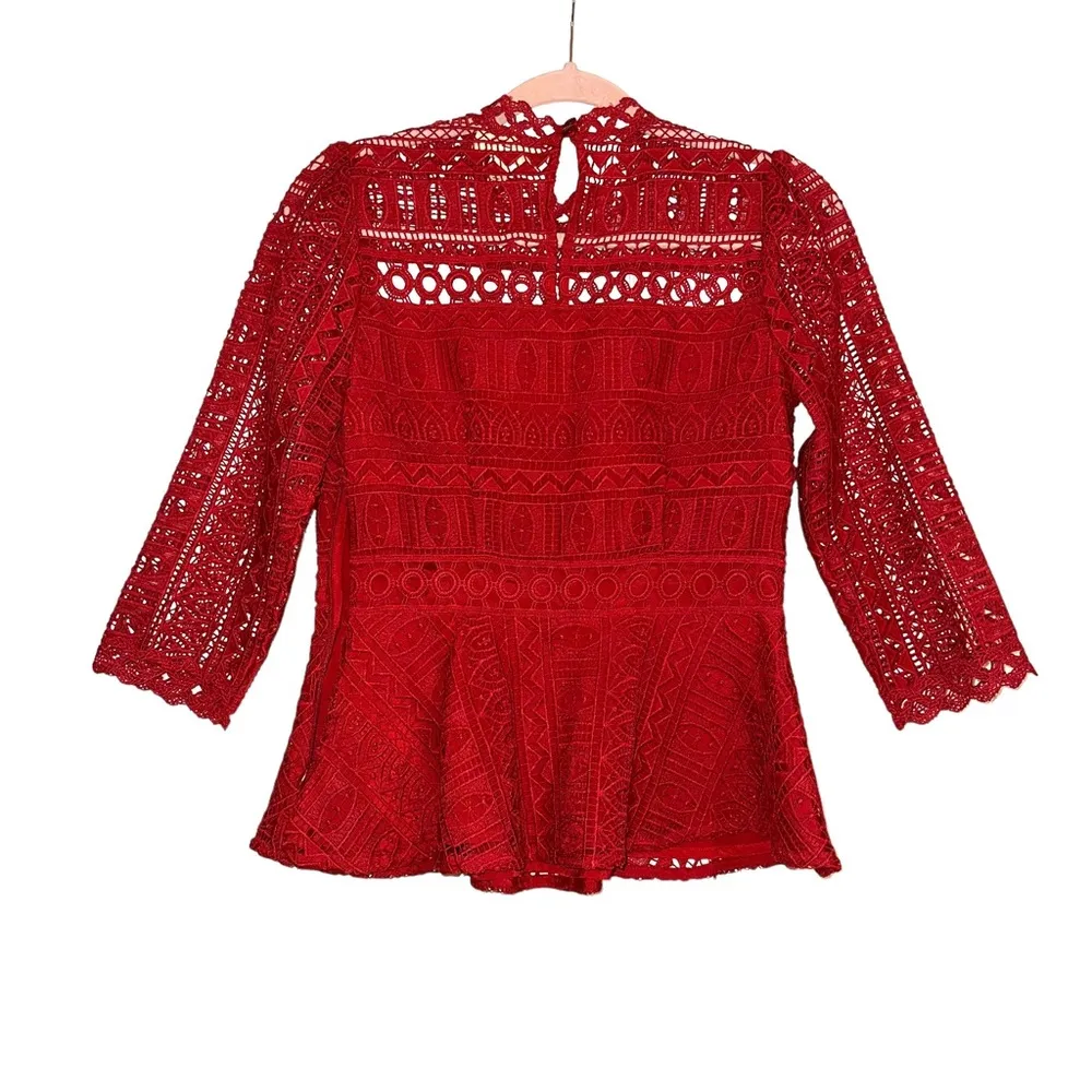 Anthropologie Moulinette Soeurs Tamera Red Lace 3/4 Sleeve Peplum Top US 2 - Image 3