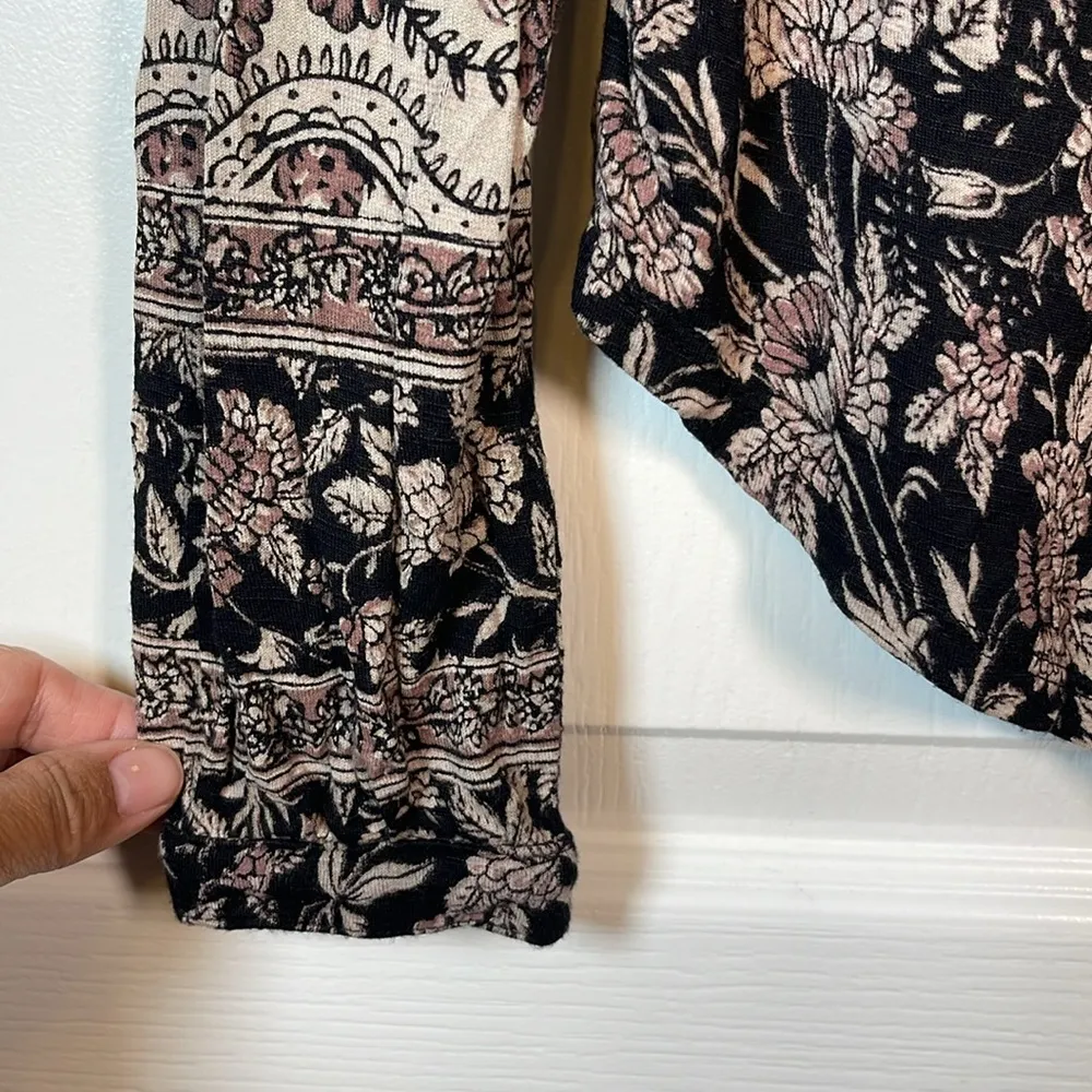 Lucky Brand Black Tan Floral L/S Peasant Ruffle Sleeve Size Medium EUC #0545-OC - Image 3