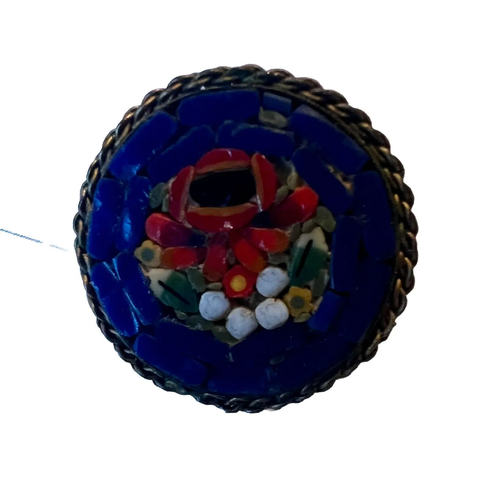 Vintage Italian Micro Mosaic Brooch Pin Floral Motif Blue Red .75” - Image 2